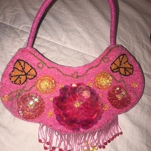 Pink beaded floral handbag